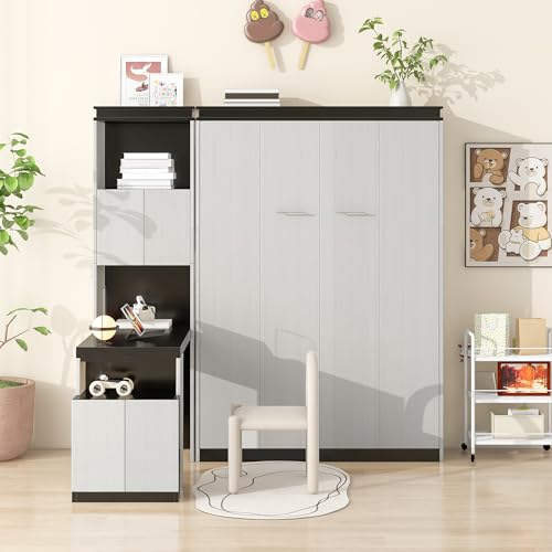 FAVSH Full Size Murphy Bed Built-in Desk,Solid Wood Wall Bed with Storage Shelves and Cabinets,Space-Saving Hidden Bed, Fold-The-Way Bed,Black+White FAVSH
