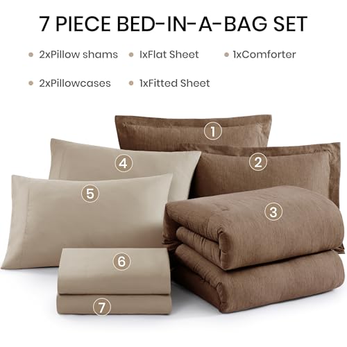 Monbix King Size Comforter Set, Brown King Bedding Set Reversible, King Comforter Set 7 Pieces, Cationic Dyeing Bed in a Bag with Comforter, Sheets, Pillowcases & Shams Monbix