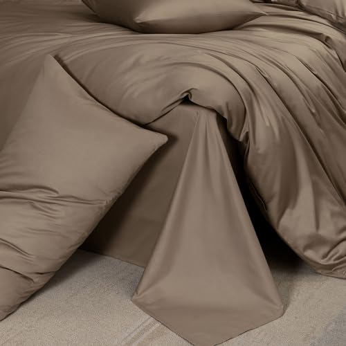MooMee Duvet Cover Set 100% Extra Long Staple Cotton 600 Thread Count Silky Sateen Smooth Luxury Soft Breathable Durable Hotel Quality Bedding, 3 Pieces (Mocha Brown, Queen 90"x90") MooMee