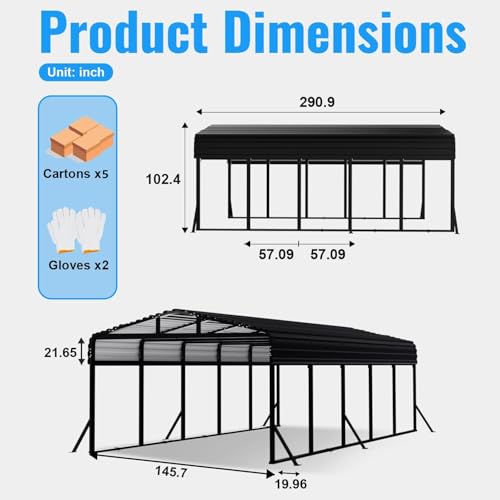 12x25FT Metal Car Port, Extended Carport 12x25 Heavy Duty with Reinforced Frame & Side Support Poles for All-Weather, Large Carport for Pickup Trucks, Boats, Cars & Tractors WUKHG