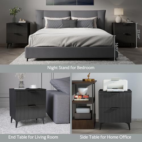 GRAINLLE Wood Night Stand Set 2 Fluted Dresser for Bedroom 2 Drawers End Tables Nightstands Set of 2, Storage Modern Bedside Table Set of 2, Black Nightstand GRAINLLE