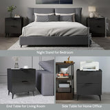 GRAINLLE Wood Night Stand Set 2 Fluted Dresser for Bedroom 2 Drawers End Tables Nightstands Set of 2, Storage Modern Bedside Table Set of 2, Black Nightstand GRAINLLE