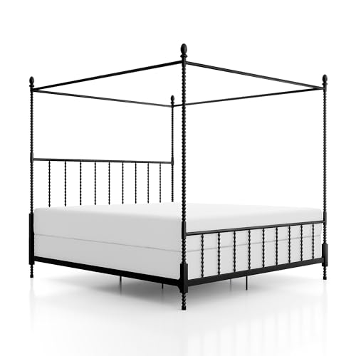 Furniture of America Vaeli Modern Metal King Size Four Poster Bed Frame with Spindles, Canopy Bedframe for Bedroom, Guest Room, Box Spring Required, Black