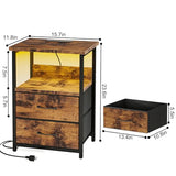 Fixwal Night Stand with Charging Station, LED Nightstand with U-S-B Ports and Outlets, 2 Fabric Storage Drawers with PU Finish, Bedside Table, Rustic Brown Fixwal