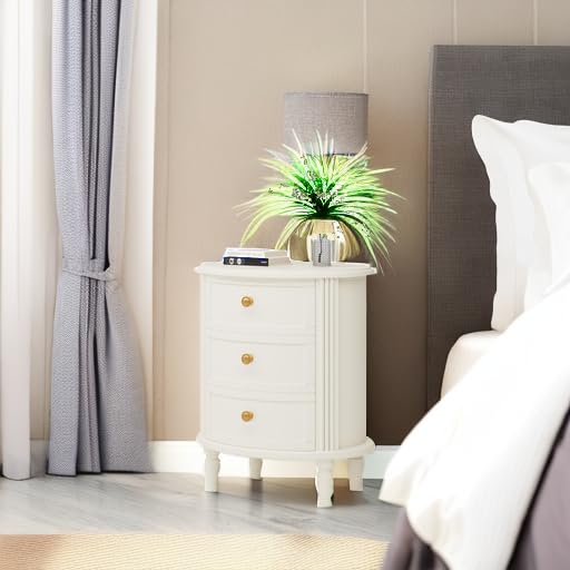 LITTLE TREE No Assembly Nightstand with 3 Drawers, Farmhouse Off-White Bedside Table for Bedroom, All Wooden Oval Nightstand with Storage LITTLE TREE