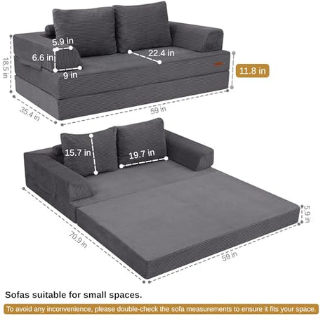 COMAX Convertible Sofa Bed, Folding Floor Couch Corduroy Fold Out Couch Bed Futon Sleeper Mattress with Pillows, Boneless Sofa Comfy Lounge Loveseat for Living Room Bedroom, Grey COMAX