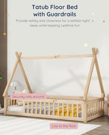 Tatub Twin Montessori House Floor Bed Frame with Rails and Roof - Nature-Inspired Kids Teepee Bed Tatub