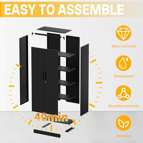 Reegangfa Metal Storage Cabinet with 2 Doors and 4 Adjustable Shelves, 71" Garage Storage Cabinet with Anti-Tipping Design, Lockable Garage Cabinets for Office, Home, Garage, Gym, School Reegangfa