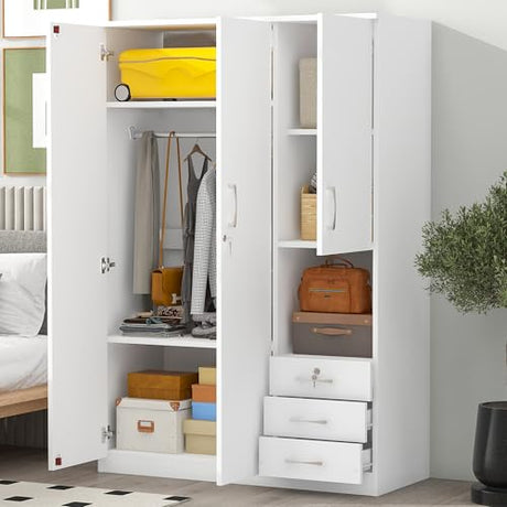 EMKK Wood Wardrobe Closet with 2 Doors and Drawers,Bedroom Freestanding Armoire Storage Cabinet w/Shelves and 3 Drawers,WoodenWardrobe Combination for Hanging Clothes EMKK