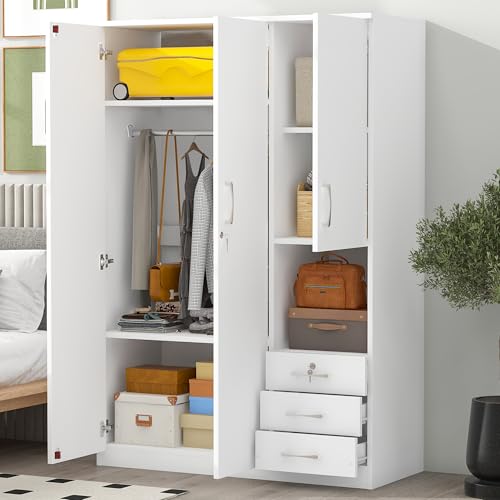 EMKK Wood Wardrobe Closet with 2 Doors and Drawers,Bedroom Freestanding Armoire Storage Cabinet w/Shelves and 3 Drawers,WoodenWardrobe Combination for Hanging Clothes