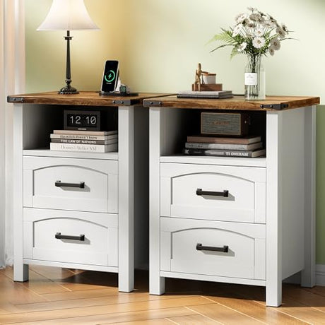 Decofy Farmhouse Nightstand Set of 2 with Charging Station, 18'' Wide Rustic End Table with USB/Type-C Ports, 2 Drawers & Open Shelf, Wood Bedside Table for Bedroom, White Decofy