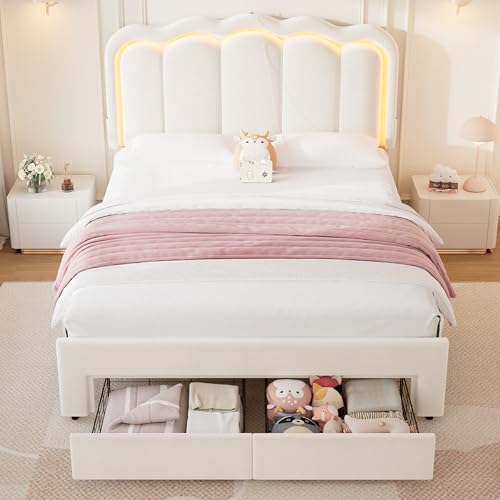Queen Upholstered LED Bed Frame with 2 Storage Drawers and Adjustable Chic Double Wavy Headboard, Velvet Princess Platform Bed with Charing Station, Solid Wood Slats Support,No Box Spring Needed,Beige Jocoevol