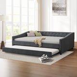 FAVSH Full Size Upholstered Daybed with Trundle,Tufted Sofa Bed w/Button on Back and Piping on Waved Shape Arms for Bedroom Guest Room, No Box Spring Needed,Dark Grey FAVSH