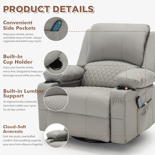 linting Faux Leather Recliner Chair with Heat and Massage Cup Holder, Overstuffed Swivel Rocker Recliner Chair Rocking Glider Chair, Light Grey