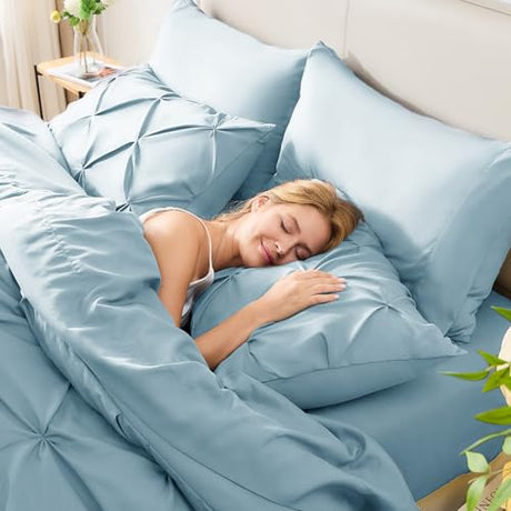 CozyLux Queen Comforter Set Light Blue, 7 Pieces Pintuck Bed in A Bag, Premium Blue Comforter Queen Size, Pinch Pleat Bedding Sets with Comforter, Sheets, Pillowcases & Shams CozyLux