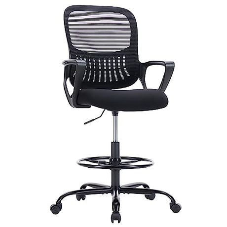 DUMOS Drafting Chair - Counter Height Adjustable Tall Office Desk Chair with Fixed Armrests and Comfortable Lumbar Support for Standing Desk, Deep Black DUMOS