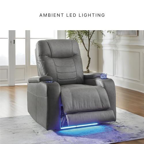 Signature Design by Ashley Schooner Rocks Power Recliner Chair, Faux Leather Upholstery with Adjustable Headrest, LED Cup Holders and Extended Ottoman for Home Theater Comfort