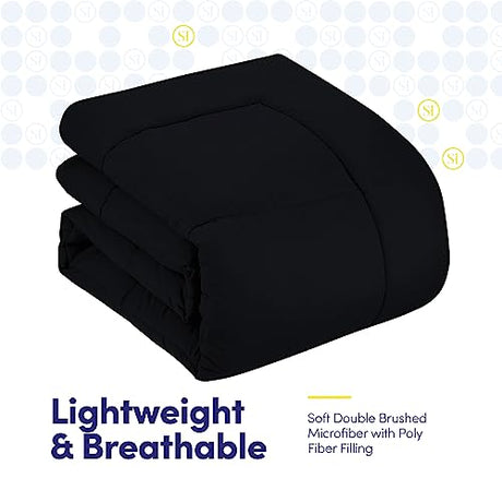 Sweet Home Collection 5 Piece Comforter Set Bag Solid Color All Season Soft Down Alternative Blanket & Luxurious Microfiber Bed Sheets, Black, Twin Sweet Home Collection