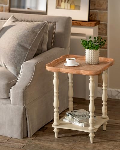 VONLUCE French Country End Table, 19'' Square Farmhouse Side Table, Distressed Wood Tray Top Rustic Accent Table for Living Room Bedroom, Small Space, Beige