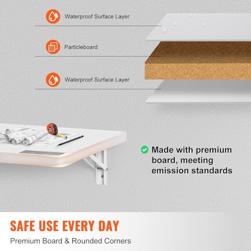 VEVOR Wall Mounted Folding Table, 47.24" x 19.69" Wall Mount Drop Leaf Table, Floating Desk with Iron Bracket, Fold Down Desk for Small Spaces, Home Office, Dining, Laundry Room, Kitchen, Bar, White VEVOR