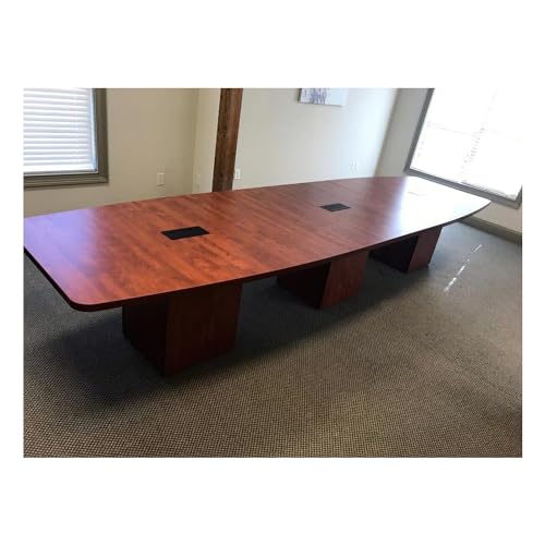 New Cherry Laminate Finish 12ft Conference Table Wood Boat Shaped Square Storage Cube Legs Doors Grommets Desk Base Meeting Room Racetrack Furniture Office Business Modern 142''L x 47-32''W x 29''H WoodArtSupply