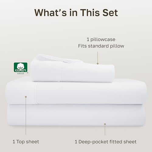 California Design Den Twin Sheets Set - Soft 400 Thread Count Sateen, Natural 100% Cotton Sheets, Deep Pockets with All Around Elastic for a Snug Fit, Durable Bedding Set - White California Design Den