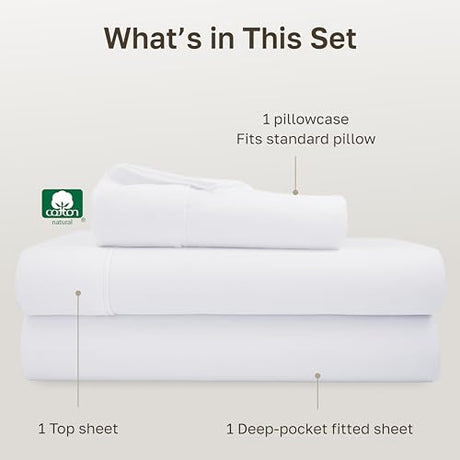 California Design Den Twin Sheets Set - Soft 400 Thread Count Sateen, Natural 100% Cotton Sheets, Deep Pockets with All Around Elastic for a Snug Fit, Durable Bedding Set - White California Design Den