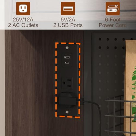 71" Pantry Cabinet, 54" Wide Kitchen Cabinet with Charging Station, Kitchen Hutch Storage with Pegboard and LED Light, Large Pantry Cabinets with Adjustable Shelves & Wine Rack for Dining Room, Brown SOLACE FURNITURE