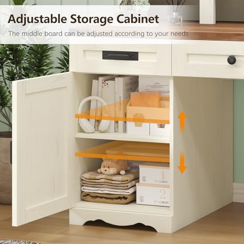 YOMILUVE Farmhouse Executive Desk with Drawers & Storage Shelves, 55" Computer Desk with Power Outlets, Home Office Desk with Monitor Stand & File Drawers, Writing Study Table, Antique White YOMILUVE