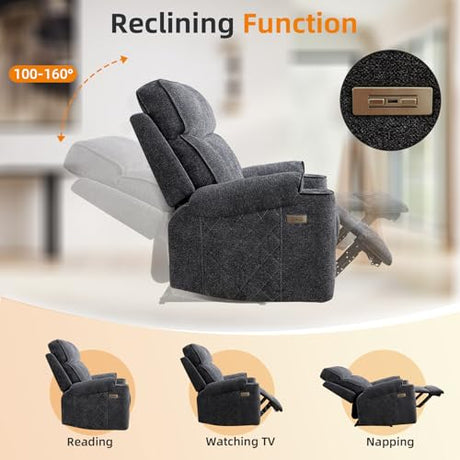 EBELLO Power Recliner Chair, Electric Fabric Reclining Sofa with Cup Holders, USB Type-C Charging Ports, for Small Living Room, Bedroom and Meeting Room, Grey EBELLO