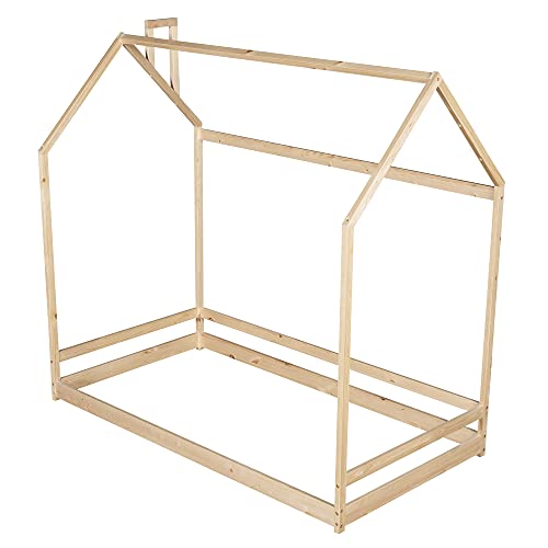 Merax Twin Size Wood House Bed, Wooden Bedframe with Roof for Kids, Teens, Boys or Girls, Natural Merax