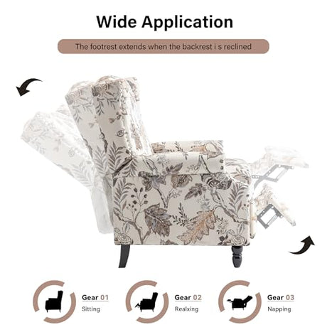 Pushback Recliner Chair, Floral Fabric Wingback Recliner Chair, Upholstered Rivet Trim Armchair Push Back Recliner Accent Chair for Small Spaces, Living Room, Plants Beige Blissabod
