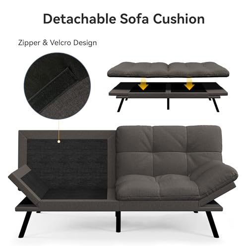 Vipbear Convertible Futon Sofa Bed,Grey Linen Futon Couch with Detachable Cushion,Adjustable Backrest & Armrest,Modern Small Recliner Loveseat Sleeper Couch for Living Room,Office,Apartment Vipbear