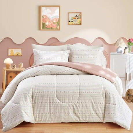 Joyreap 3pcs Floral Cotton Comforter Set for Girls, Pink Flower Stripes Boho Design, Twin Size Soft n Cozy Bedding Comforter Set for All Season- 68x88 inches Joyreap