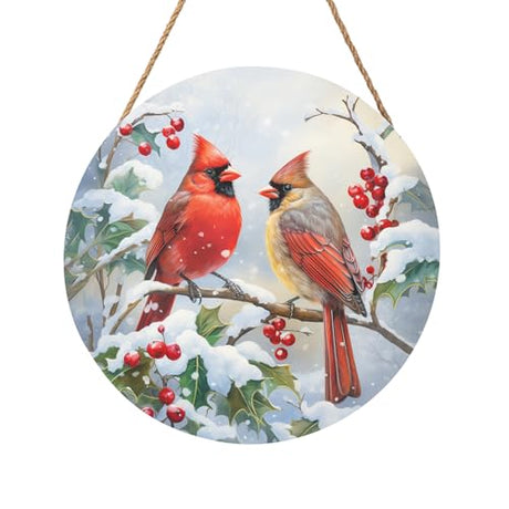 Harooni Winter Welcome Sign for Front Door, Cardinal Bird Wood Door Hanger for Outdoor Outside Porch, Christmas Cardinal Round Hanging Signs Holiday Decorations for Home Wall Porch Yard Farmhouse Harooni