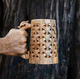 NORSE EMPIRE Premium Wooden Beer Mug 16Oz Chainmail Pattern 100% Handcrafted Beer Stein Wine accessories Viking Gifts Medieval Gift Sack Tankard Christmas Coffee Cups Vikings Mug Food Safe NORSE EMPIRE