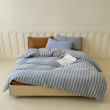 Striped Duvet Cover Set Full, 100% Washed Cotton Vintage Blue Brown Stripes Pattern Printed Comforter Cover, 3 Pieces Breathable Duvet Cover with 2 Pillowcases, Soft Farmhouse Striped Bedding Set LifeTB