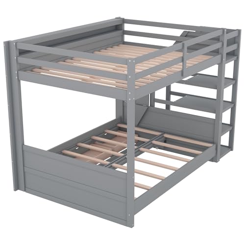 HRJHLucky Full Size Convertible Futon Bunk Bed with Storage Staircase, Bedside Table and 3 Drawers (Gray) HRJHLucky