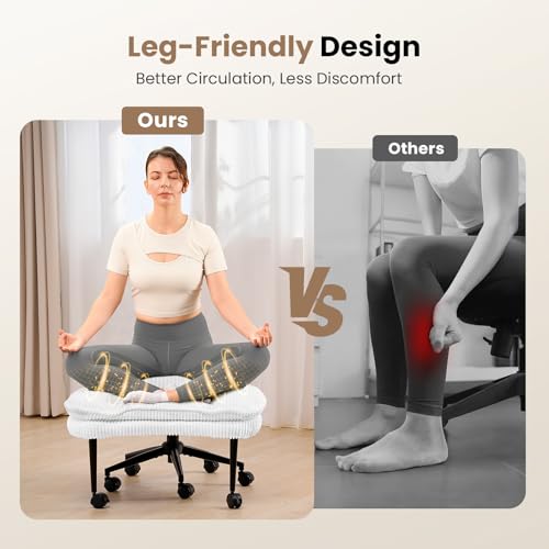 Cross Legged Office Chair, Ergonomic Cloud Criss Cross Desk Chair, Meditation Chair with Wheels, Height Adjustable Seat for ADHD, Wide Kneeling Chair with Back Support, Corduroy Fabric, White HOMRELEXA
