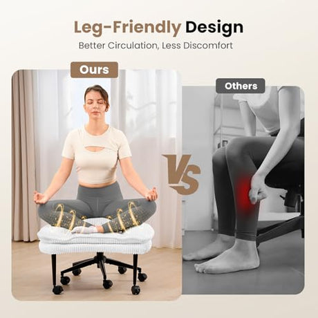 Cross Legged Office Chair, Ergonomic Cloud Criss Cross Desk Chair, Meditation Chair with Wheels, Height Adjustable Seat for ADHD, Wide Kneeling Chair with Back Support, Corduroy Fabric, White HOMRELEXA