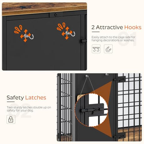 YATINEY Foldable Dog Crate Furniture, Dog Crate with DIY Frame, Heavy Duty Dog Kennel Indoor with Hooks, Wooden Dog Cage End Table, for Small/Medium Dogs, Rustic Brown and Black DC95BR YATINEY