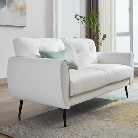 TYBOATLE 61" Loveseat Couches for Living Room, White Faux Leather Couch Mid Century Modern Tufted Mini Sofa Comfy Office 2 Seat Settee Love Seat Small Couches for Small Spaces Bedroom, White TYBOATLE