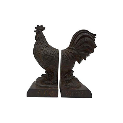 Comfy Hour Farmhouse Collection 9" Length 6" Height Set of 2 Rooster Design Art Bookends, 1 Pair, Antique Style, Heavy Weight, Rusty Effect, Polyresin