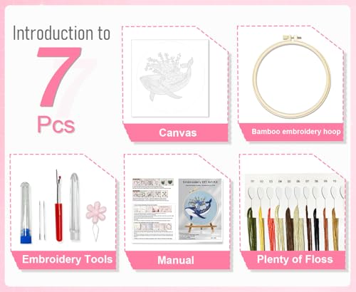 Huacan Embroidery Kit for Beginners Adults Includes Stamped Bee and Dolphin Pattern, Hoop, Color Threads,Tools,Easy to Follow Instruction