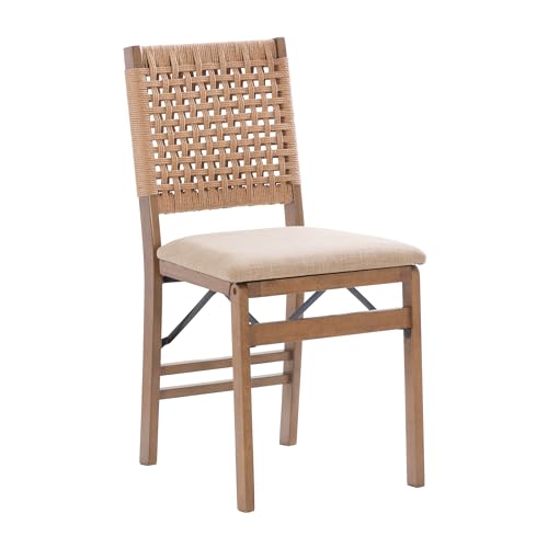 Linon Bennett Natural Folding Chair with Woven Rope Back and Linen Upholstered Seat Set of 2 - WoodArtSupply