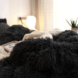 HAIHUA Plush Black Comforter Cover Queen Set, Soft Faux Fur Fluffy Black Bedding Queen Set 3 Pieces (1 Fuzzy Duvet Cover + 2 Furry Pillow Cases) Shaggy Bed Set, Zipper Closure HAIHUA
