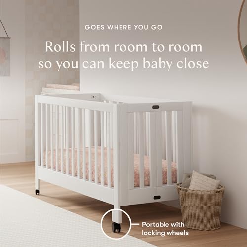 Babyletto Maki 2-in-1 Baby Crib Convertible to Toddler Bed - GREENGUARD Gold Certified Portable Folding Wood Crib w/ Toddler Conversion Kit - 4 Adjustable Heights, Easy to Assemble - White