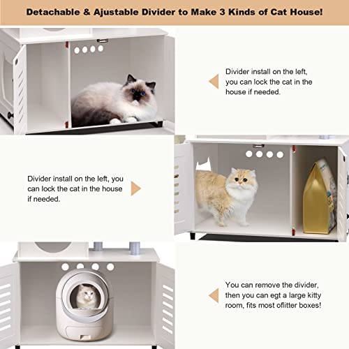 EasyCom Litter Box Enclosure, Hidden Cat Tree Tower Furniture for Indoor House, All-in-one Wooden Cat Litter Cabinet with Scratching Post and Condo, White - WoodArtSupply