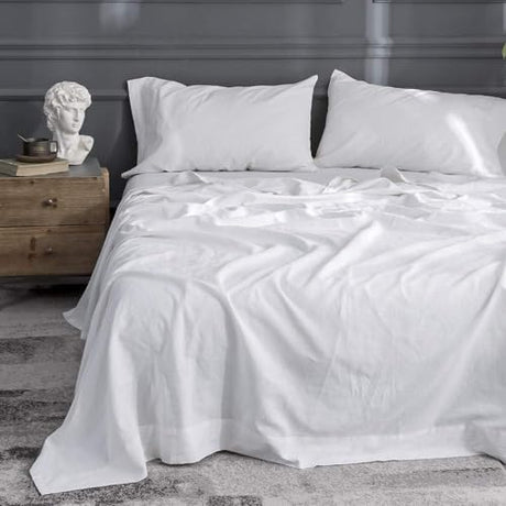 Simple&Opulence Belgian Linen Sheet Set Solid Color - 3 Pieces (1 Flat Sheet, 1 Fitted Sheet & 1 Pillowcase) Natural Flax Cotton Blend Soft Breathable Farmhouse Bedding - Twin Size, White Simple&Opulence