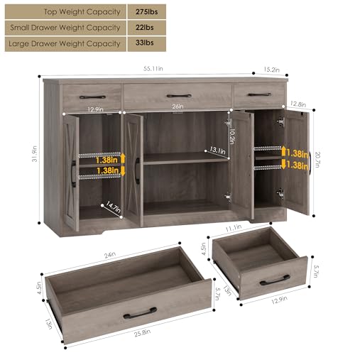 HOSTACK Buffet Sideboard Cabinet with Drawers, 55" Large Buffet Storage Cabinet with Shelves & 4 Doors, Modern Farmhouse Coffee Bar Cabinet Wood Buffet Table for Kitchen, Dining Room, Ash Grey HOSTACK